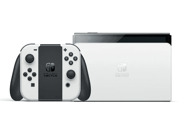 A Nintendo Switch OLED console with white Joy-Cons and its dock